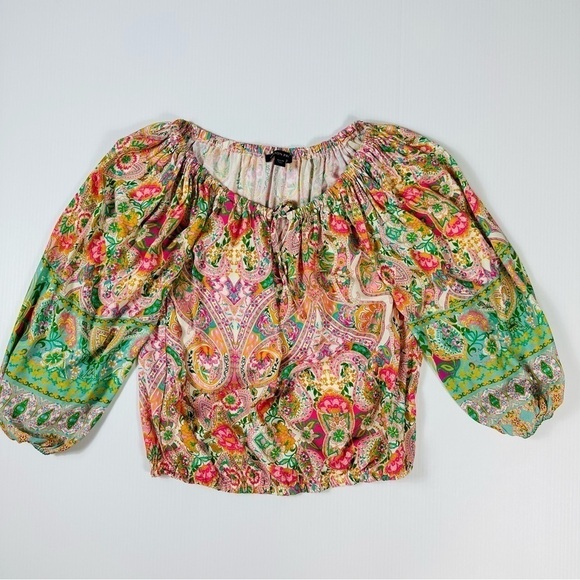 Boston Proper Blouse Sz XS Boho Beach Club Print Blouson - Picture 8 of 12